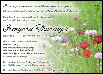 Traueranzeige von Irmgard Thäringer von Südthüringer Presse