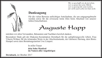 Traueranzeige von Auguste Happ von Südthüringer Presse
