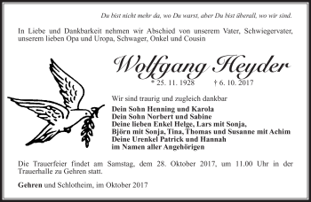 Traueranzeige von Wolfgang Heyder von Südthüringer Presse