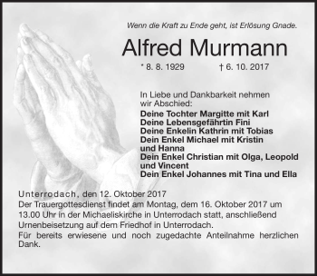 Traueranzeige von Alfred Murmann von Neue Presse Coburg