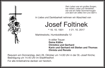 Traueranzeige von Josef Foltinek von Frankenpost