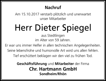 Traueranzeige von Dieter Spiegel von Südthüringer Presse