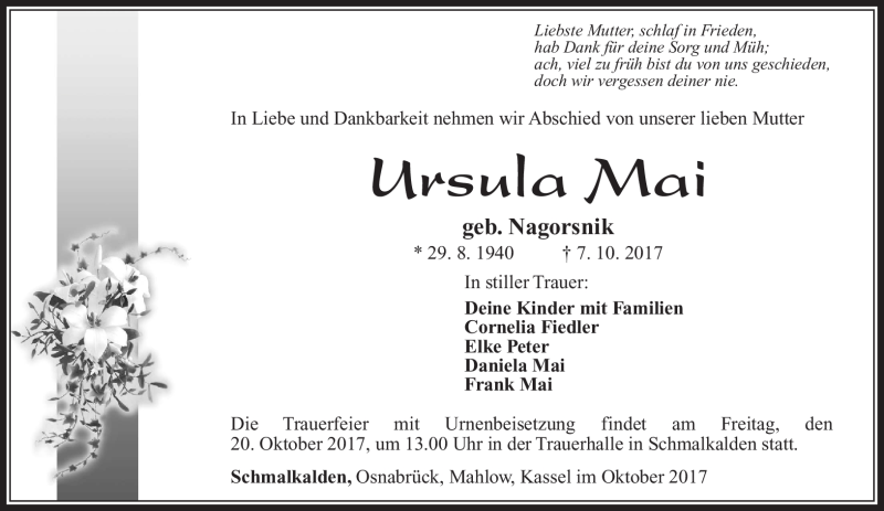  Traueranzeige für Ursula Mai vom 14.10.2017 aus Südthüringer Presse
