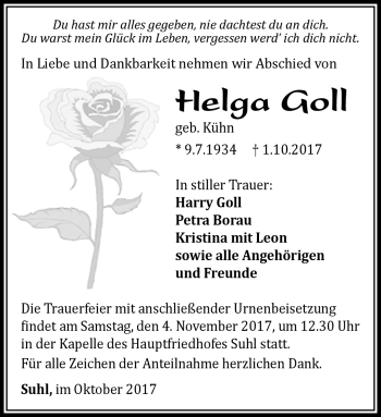 Traueranzeige von Helga Goll von Südthüringer Presse