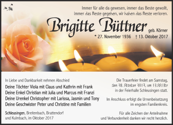 Traueranzeige von Brigitte Büttner von Südthüringer Presse