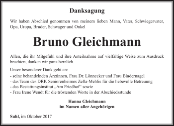 Traueranzeige von Bruno Gleichmann von Südthüringer Presse