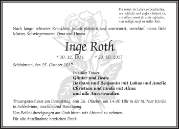 Traueranzeige von Inge Roth von Frankenpost