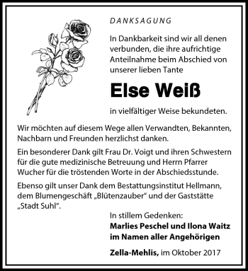 Traueranzeige von Else Weiß von Südthüringer Presse