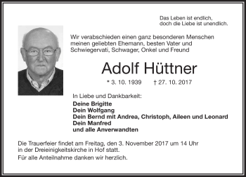 Traueranzeige von Adolf Hüttner von Frankenpost