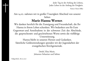 Traueranzeige von Marie Hanna Werner von Südthüringer Presse