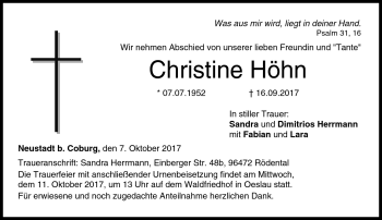 Traueranzeige von Christine Höhn von Neue Presse Coburg