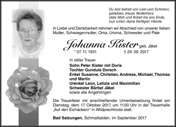 Traueranzeige von Johanna Kister von Südthüringer Presse