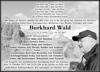 Traueranzeige von Burkhard Wald von Südthüringer Presse