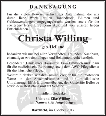 Traueranzeige von Christa Willing von Südthüringer Presse