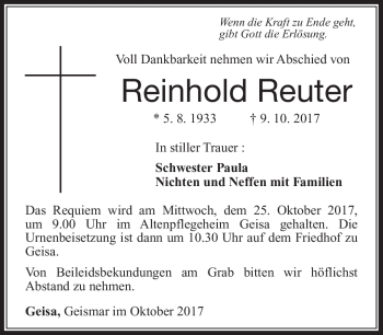 Traueranzeige von Reinhold Reuter von Südthüringer Presse