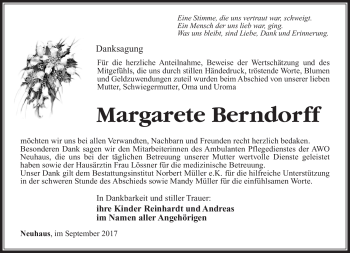 Traueranzeige von Margaethe Berndorf von Südthüringer Presse