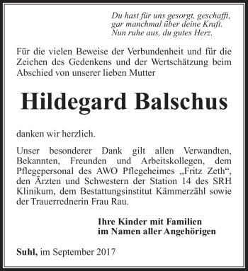 Traueranzeige von Hildegard Balschus von Südthüringer Presse
