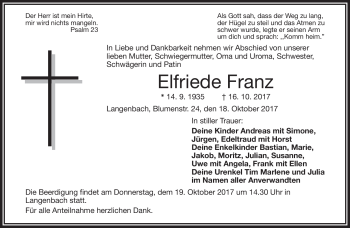 Traueranzeige von Elfriede Franz von Frankenpost