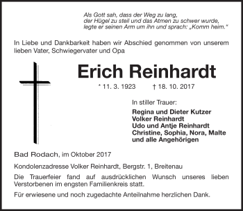 Traueranzeige von Erich Reinhardt von Neue Presse Coburg