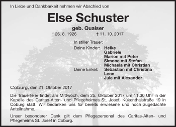 Traueranzeige von Else Schuster von Neue Presse Coburg