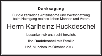 Traueranzeige von Karlheinz Ruckdeschel von Frankenpost