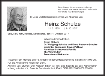 Traueranzeige von Heinz Schulze von Frankenpost