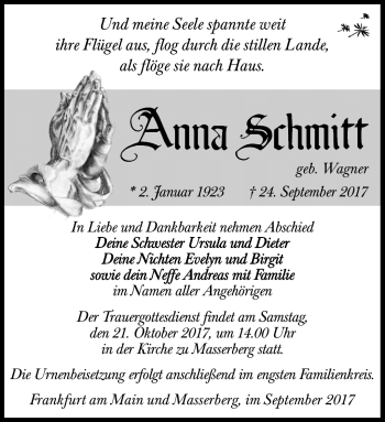 Traueranzeige von Anna Schmitt von Südthüringer Presse