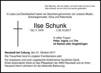Traueranzeige von Ilse Schunk von Neue Presse Coburg