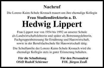 Traueranzeige von Hedwig Lippert von Neue Presse Coburg