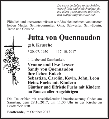 Traueranzeige von Jutta von Quennaudon von Südthüringer Presse