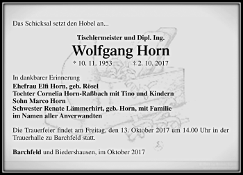 Traueranzeige von Wolfgang Horn von Südthüringer Presse