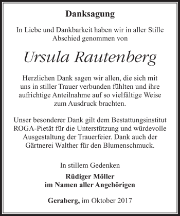 Traueranzeige von Ursula Rautenberg von Südthüringer Presse