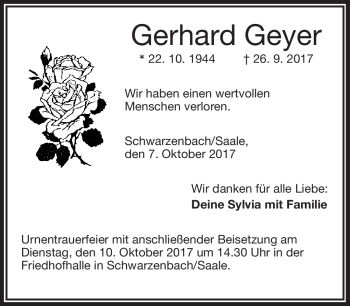 Traueranzeige von Gerhard Geyer von Frankenpost