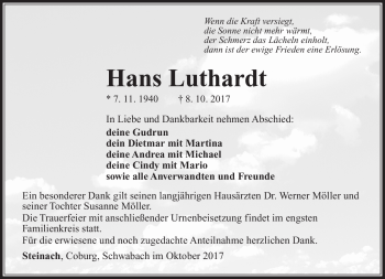 Traueranzeige von Hans Luthardt von Südthüringer Presse