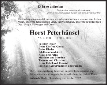 Traueranzeige von Horst Peterhänsel von Südthüringer Presse