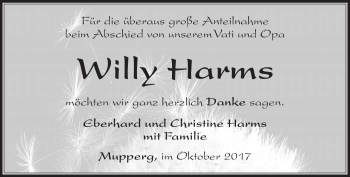 Traueranzeige von Willy Harms von Südthüringer Presse