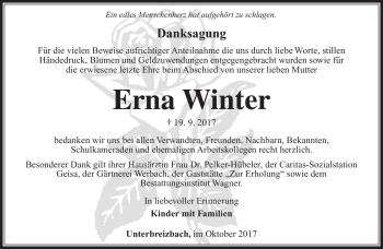 Traueranzeige von Erna Winter von Südthüringer Presse