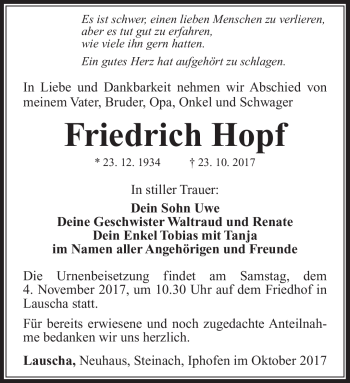 Traueranzeige von Friedrich Hopf von Südthüringer Presse