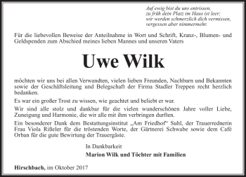 Traueranzeige von Uwe Wilk von Südthüringer Presse