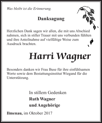 Traueranzeige von Harri Wagner von Südthüringer Presse