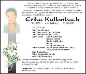 Traueranzeige von Erika Kallenbach von Südthüringer Presse