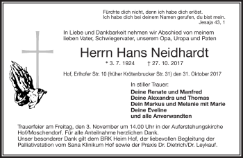 Traueranzeige von Hans Neidhardt von Frankenpost