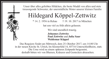 Traueranzeige von Hildegard Köppel-Zettwitz von Frankenpost