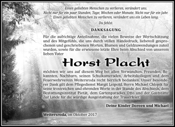Traueranzeige von Horst Placht von Südthüringer Presse