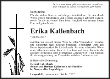 Traueranzeige von Erika Kallenbach von Südthüringer Presse