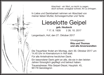 Traueranzeige von Lieselotte Geipel von Frankenpost
