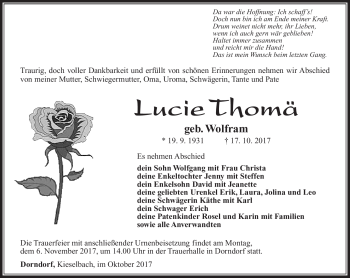 Traueranzeige von Lucie Thomä von Südthüringer Presse