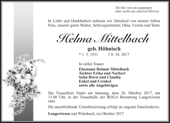 Traueranzeige von Helma Mittelbach von Südthüringer Presse