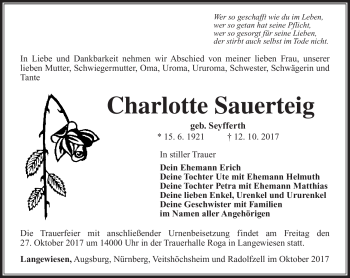 Traueranzeige von Charlotte Sauerteig von Südthüringer Presse