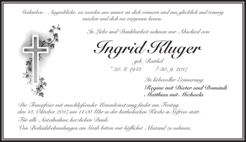 Traueranzeige von Ingrid Kluger von Frankenpost